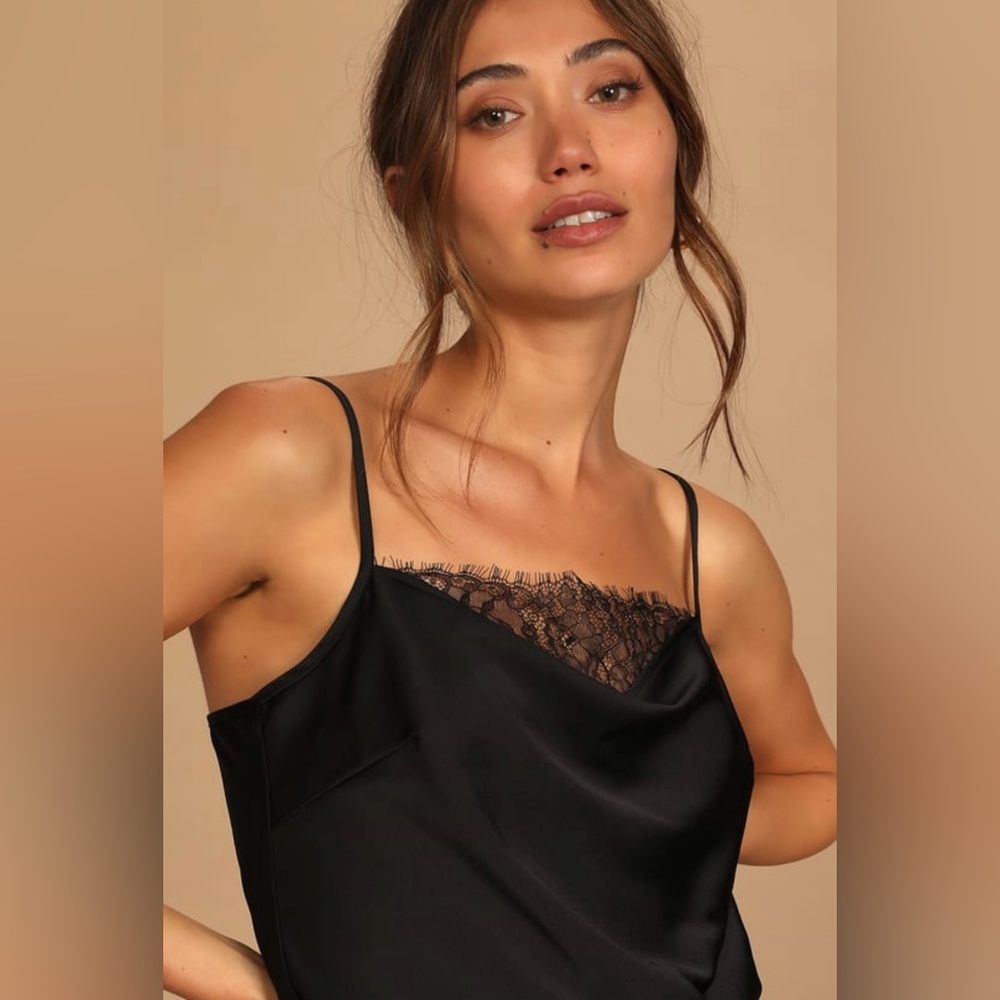 Lulu’s Black Lace Cami Top Always Happy Hour Cowl Neck Tank Top